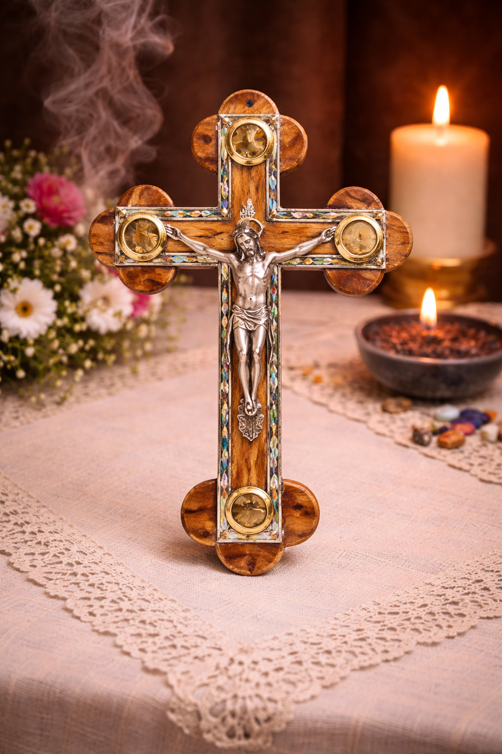 Olive Wood & Mother of Pearl Crucifix – Handcrafted in Bethlehem