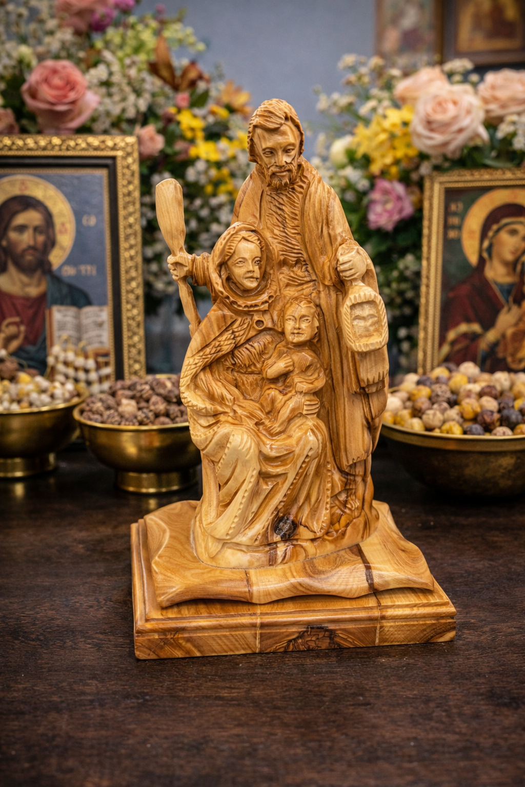 Olive Wood Holy Family – One-Piece Hand-Carved Masterpiece