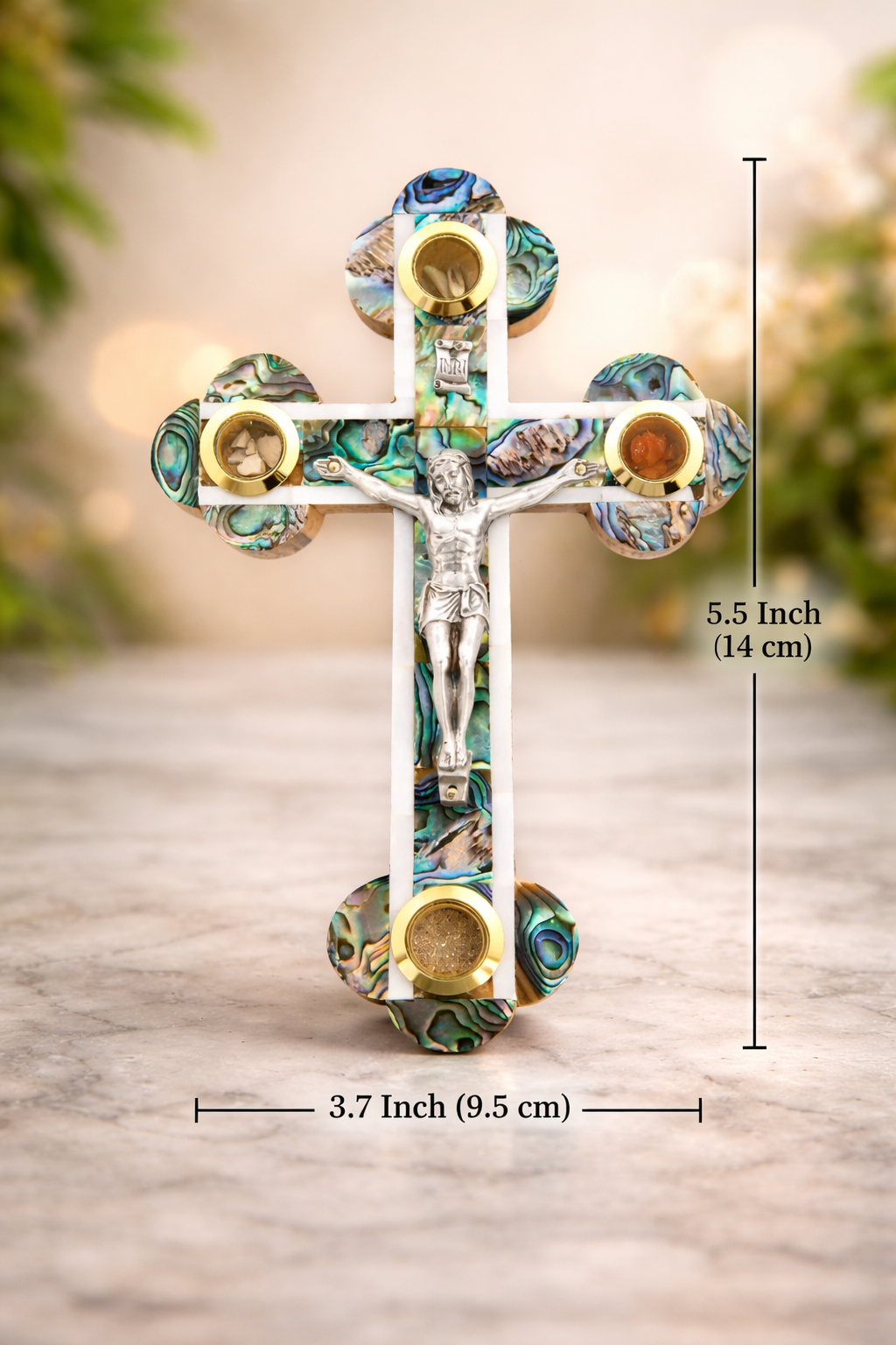 Olive Wood & Mother of Pearl Crucifix with Holy Land Relics