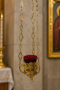 Hanging Sanctuary Oil Lamp – Red Glass & Ornate Gold Chains