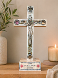 Mother of Pearl Crucifix with Holy Soil & “God Bless Our Home” Base