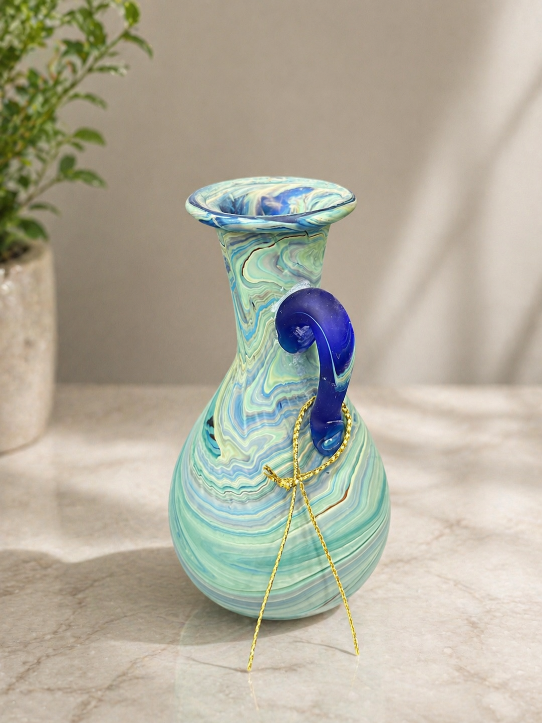Aqua Swirl Glass Pitcher with Blue Handle