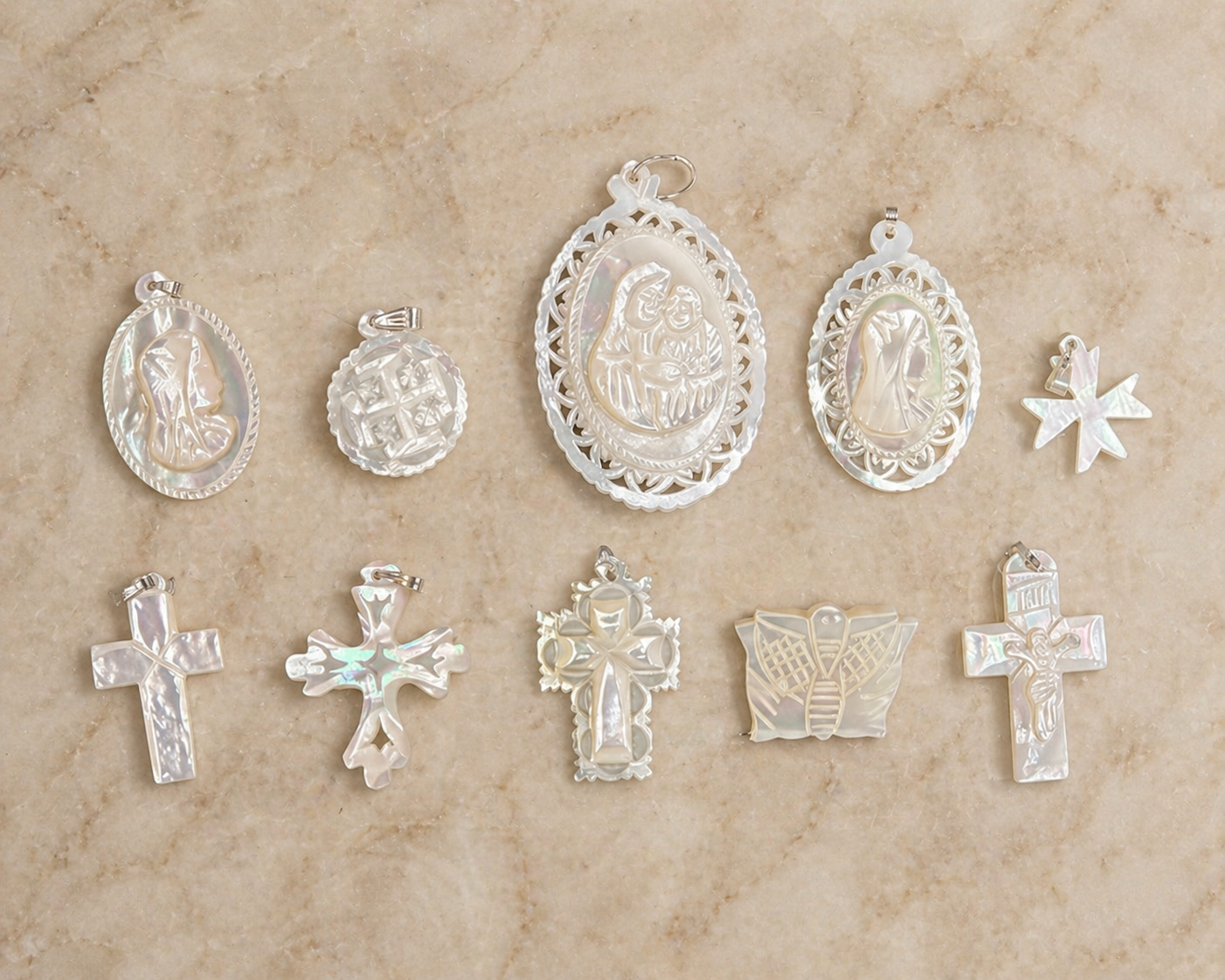 Holy Land Mother of Pearl Pendant Collection – Handcrafted Christian Symbols (Set of 10 or Individual Pieces)