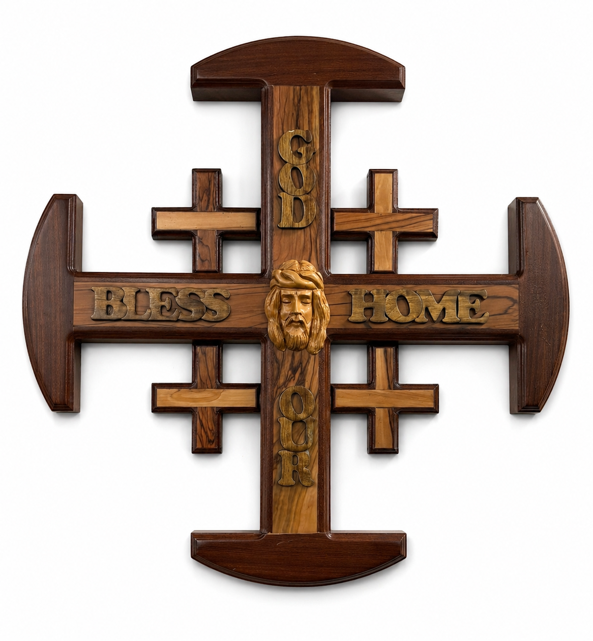 Handcrafted Olive Wood “God Bless Our Home” Cross with Carved Christ Face