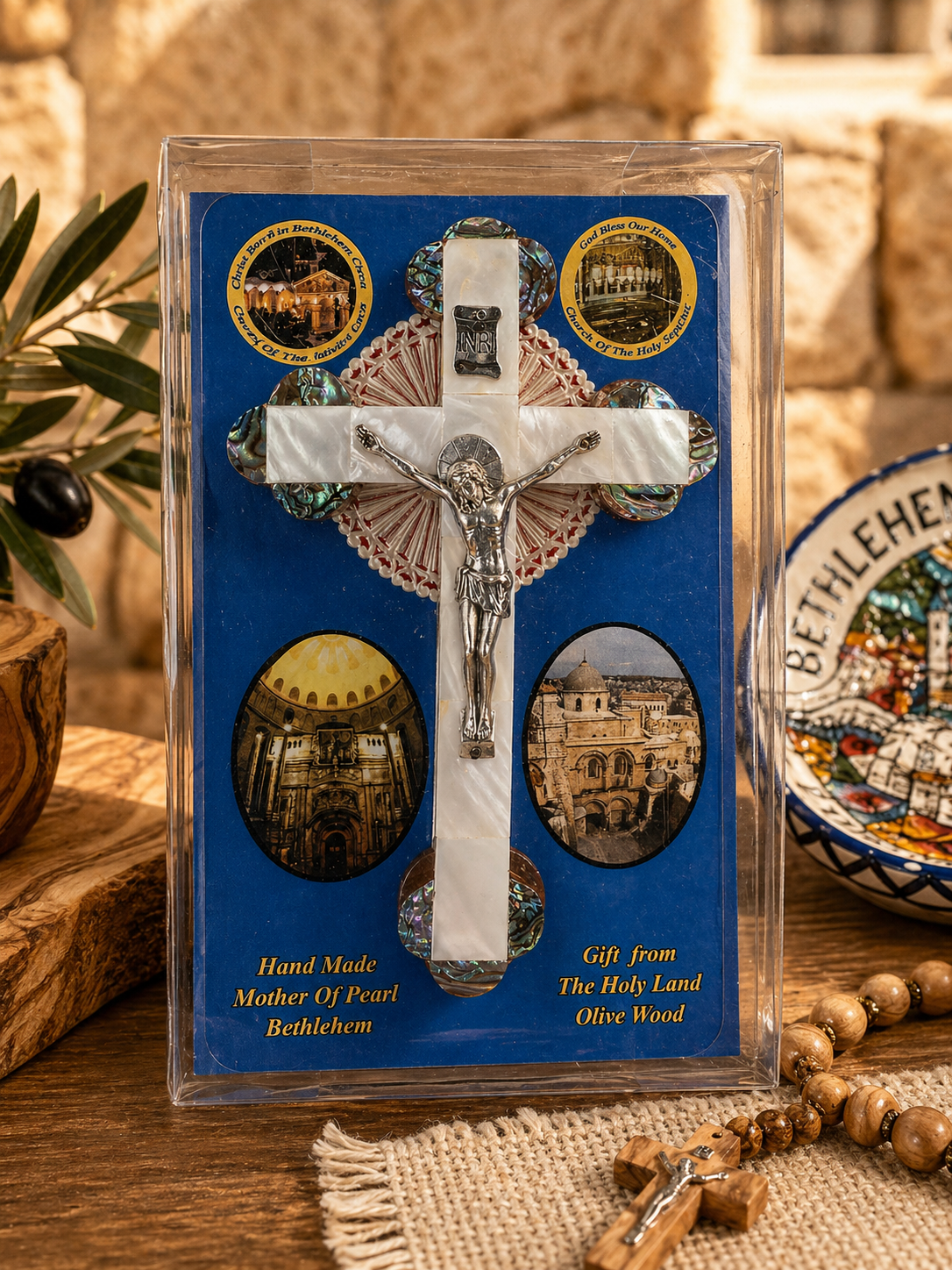 Bethlehem Mother of Pearl Crucifix – Holy Land Gift Cross with Olive Wood & Sacred Sites