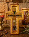 Byzantine Style Crucifix Icon – Gold Leaf Cross with Christ Pantocrator (Handcrafted)