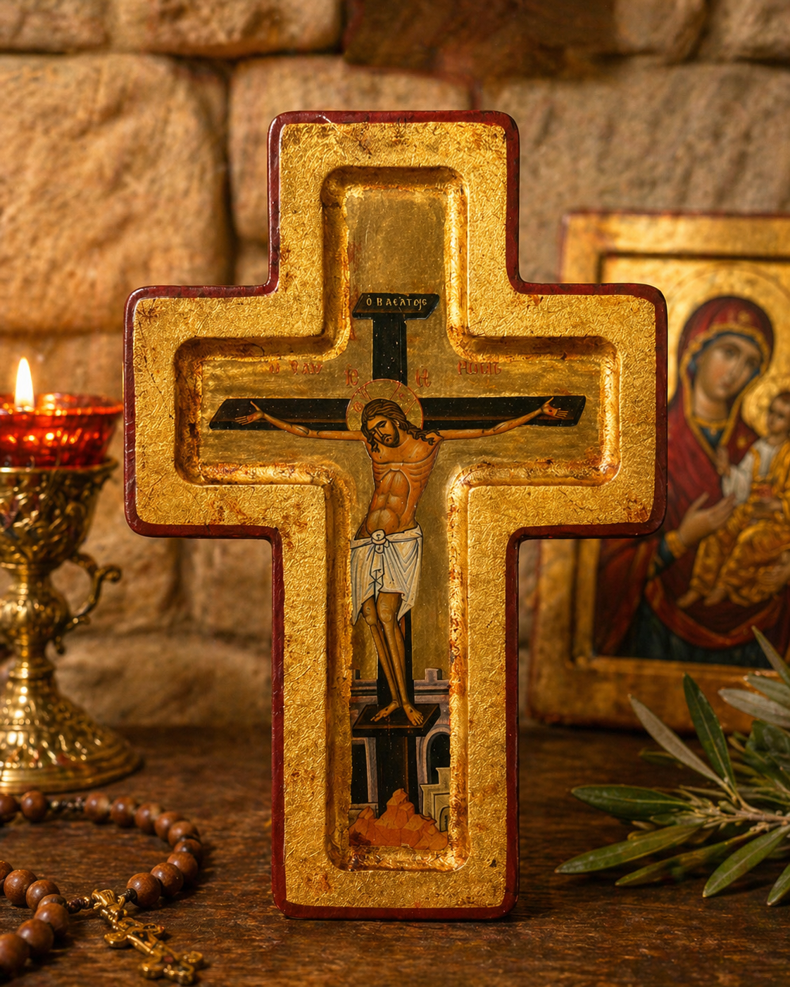 Byzantine Style Crucifix Icon – Gold Leaf Cross with Christ Pantocrator (Handcrafted)