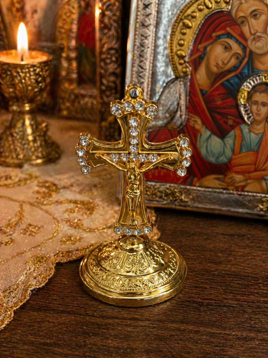 Gold-Plated Standing Crucifix with Crystal Accents – Elegant Altar Cross
