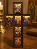 Wooden Icon Cross with Biblical Scenes – Handcrafted Multi-Panel Orthodox Style Crucifix