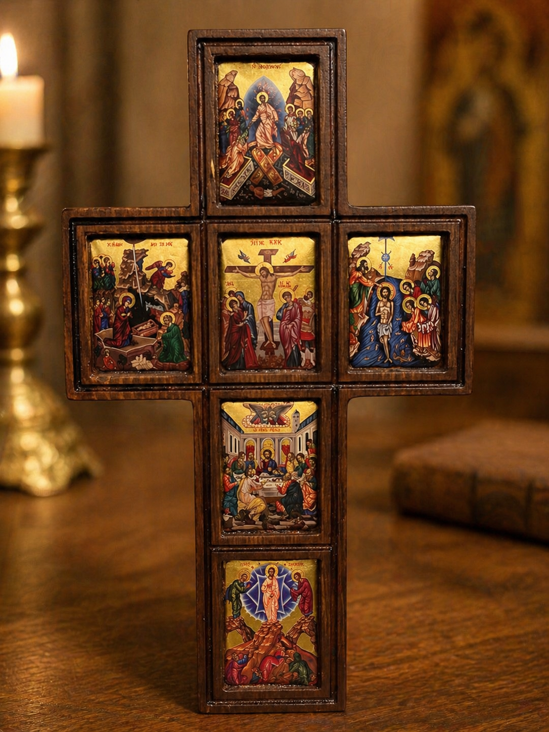 Wooden Icon Cross with Biblical Scenes – Handcrafted Multi-Panel Orthodox Style Crucifix
