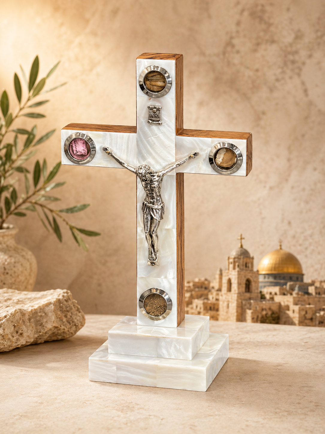 Jerusalem Mother-of-Pearl Crucifix with Holy Land Relics