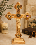 Olive Wood Crucifix with Relic Insets – Handcrafted in Bethlehem (Standing Cross)