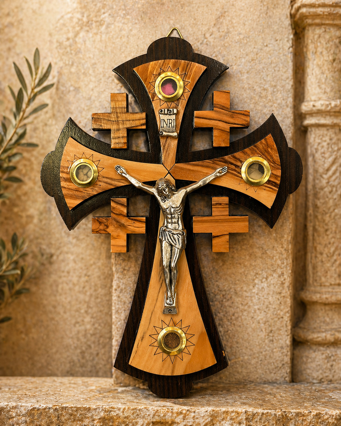 Handcrafted Olive Wood Jerusalem Cross Crucifix with Relic Insets