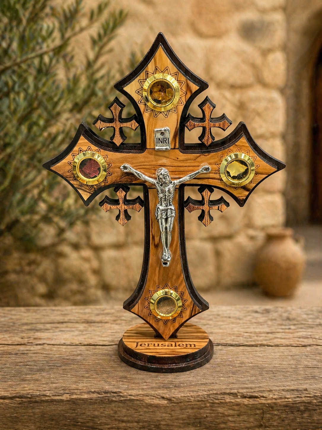 Handcrafted Jerusalem Olive Wood Crucifix with Holy Land Stones