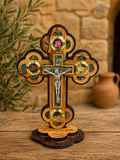 Jerusalem Olive Wood Standing Crucifix with Mother-of-Pearl & Holy Land Stone Inlays