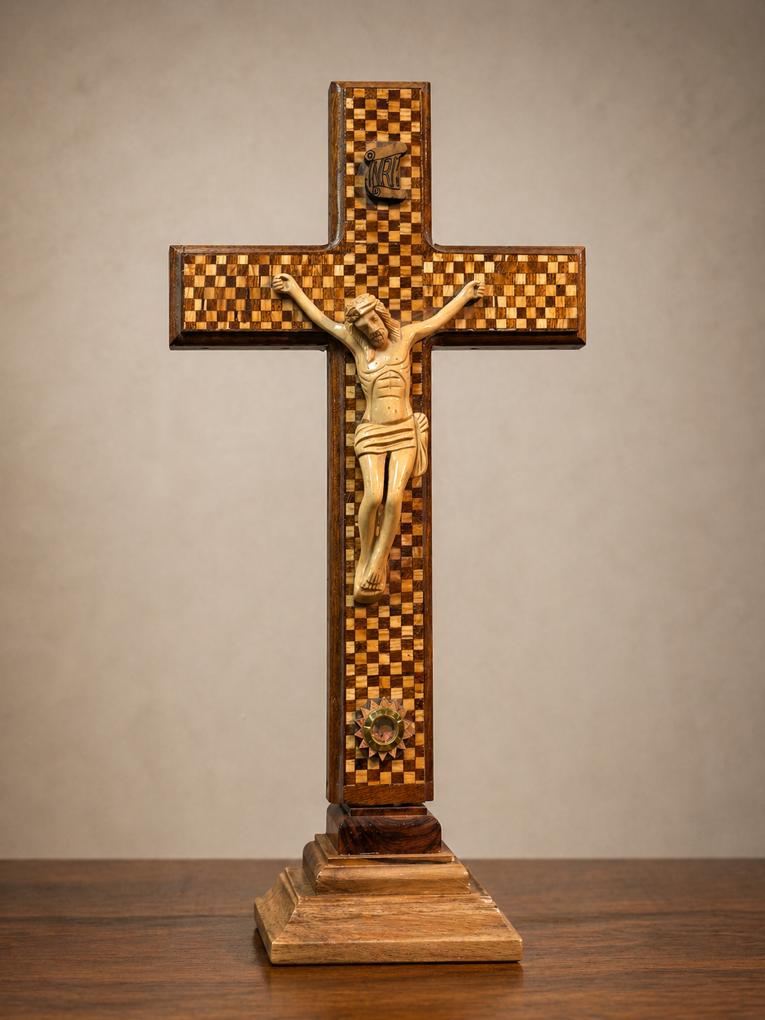 Handcrafted Olive Wood Crucifix with Mosaic Inlay – Holy Land Art