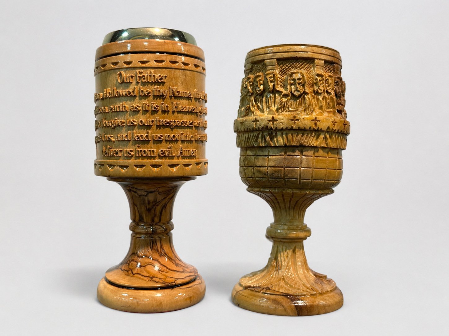 Handcrafted Olive Wood Chalice Set – Lord’s Prayer & Last Supper Carving (Holy Land)