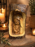 Hand-Carved Olive Wood Madonna & Child in Natural Tree Trunk