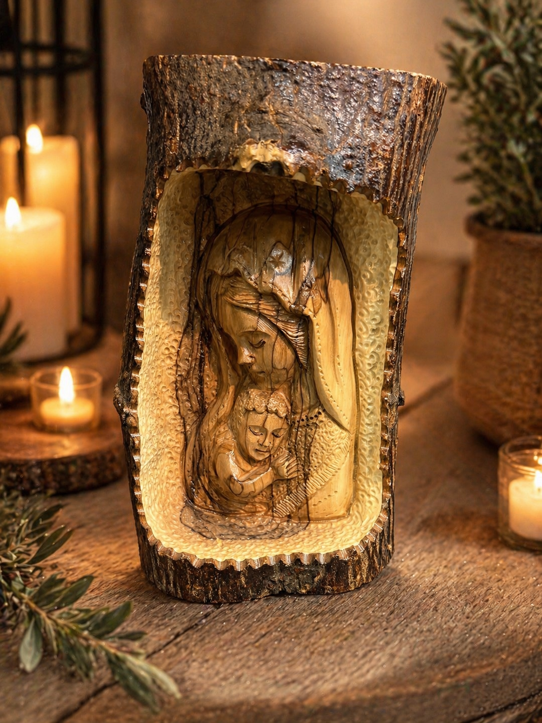 Hand-Carved Olive Wood Madonna & Child in Natural Tree Trunk