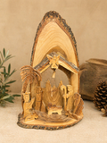 Hand-Carved Olive Wood Nativity Scene in Natural Tree Bark Frame