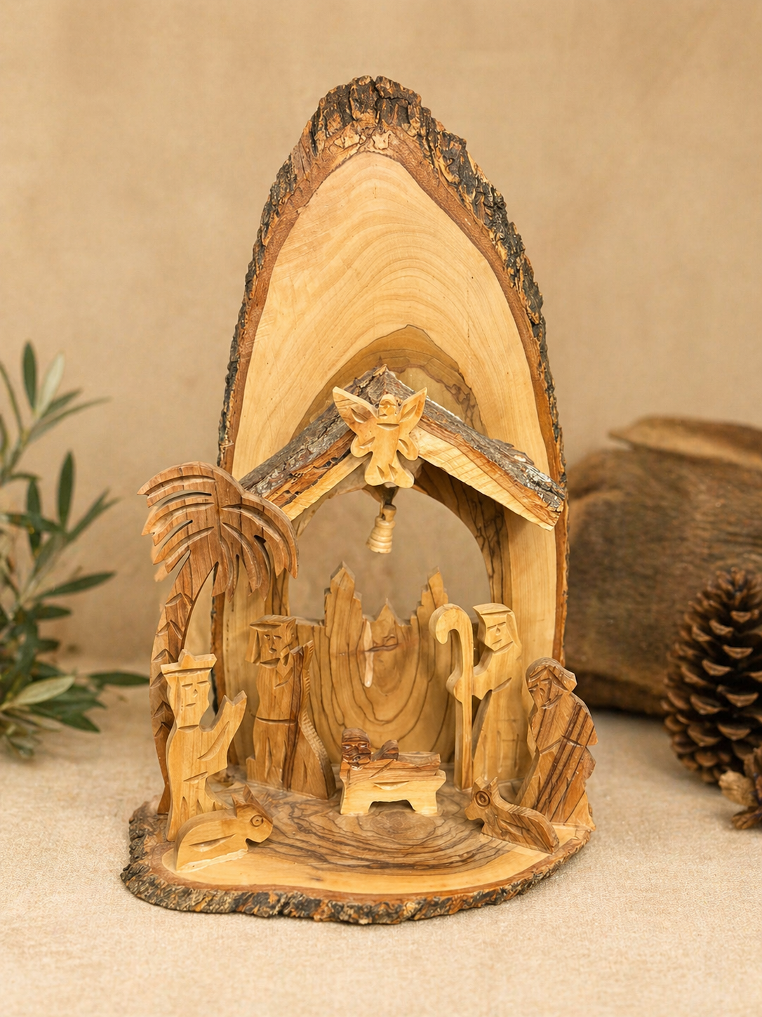 Hand-Carved Olive Wood Nativity Scene in Natural Tree Bark Frame