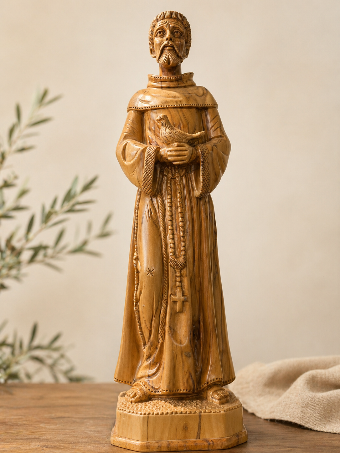 Hand-Carved Olive Wood Saint Francis Statue with Dove