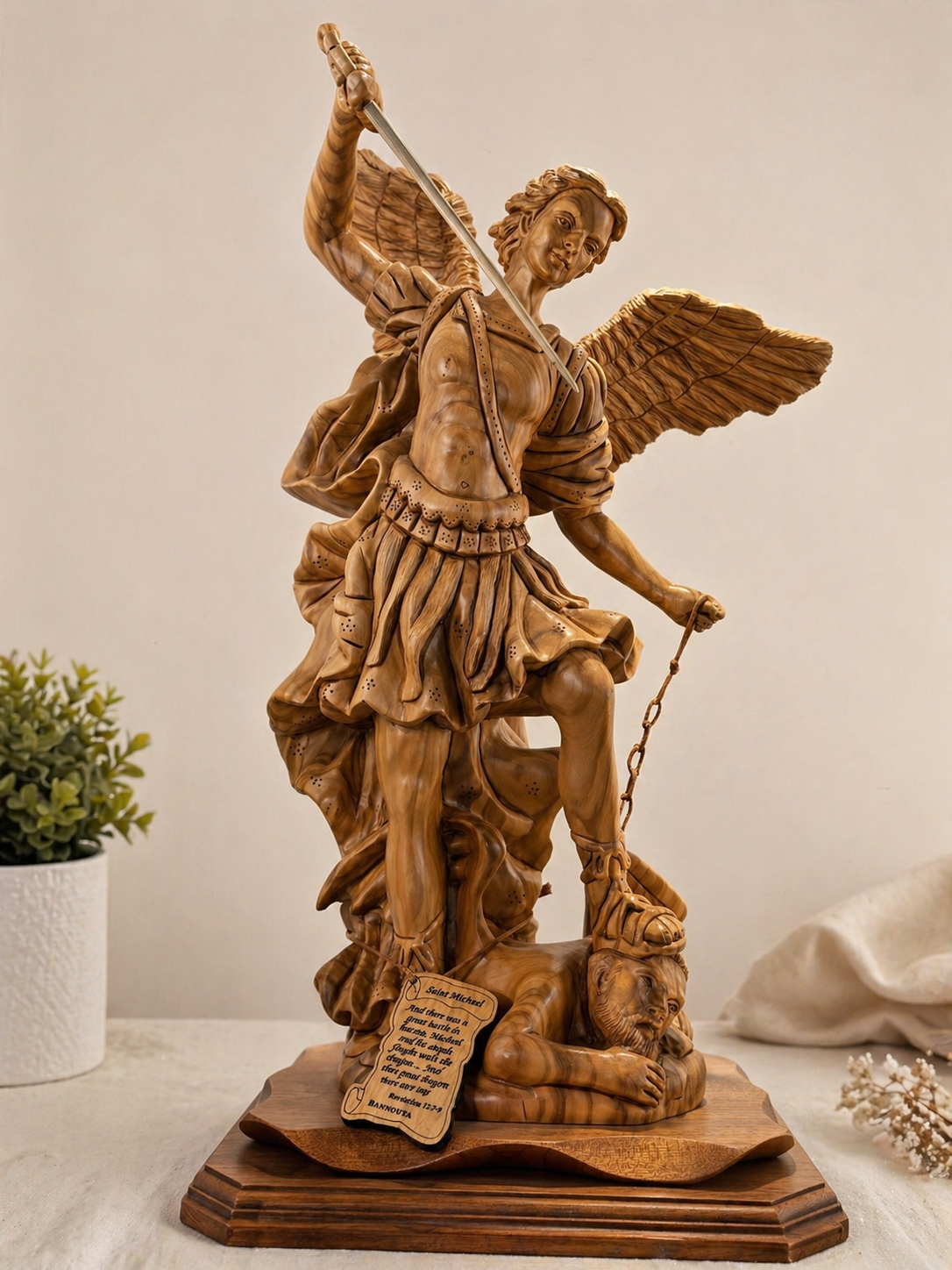 Hand-Carved Olive Wood Archangel Michael Triumph Sculpture