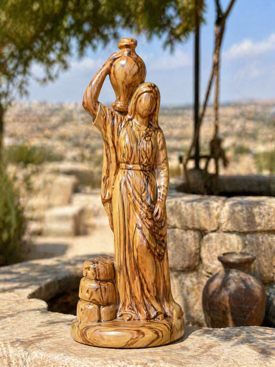 Olive Wood Samaritan Woman at the Well Sculpture