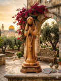 Hand-Carved Olive Wood Praying Madonna with Rosary Cross