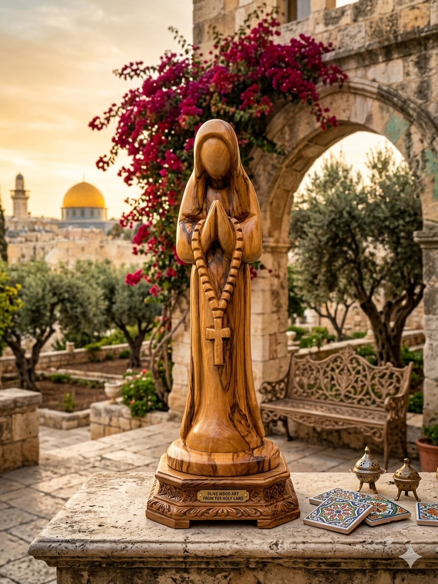 Hand-Carved Olive Wood Praying Madonna with Rosary Cross