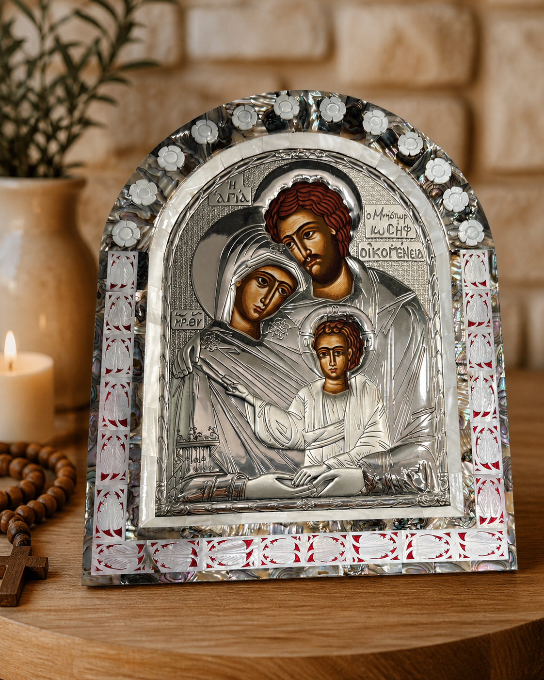 Holy Family Icon – Silver-Plated with Mother of Pearl Frame