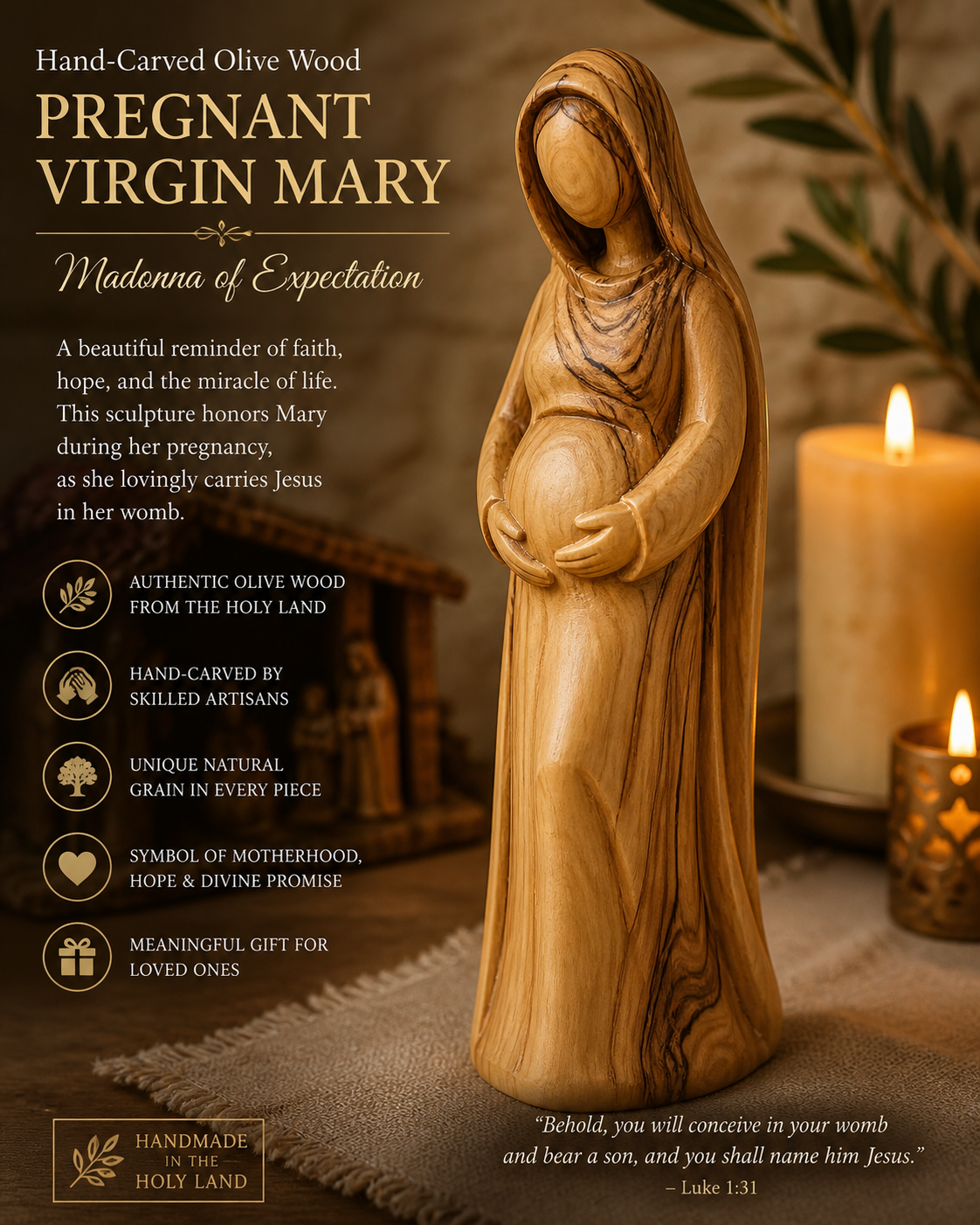 Hand-Carved Olive Wood Pregnant Virgin Mary (Madonna of Expectation)