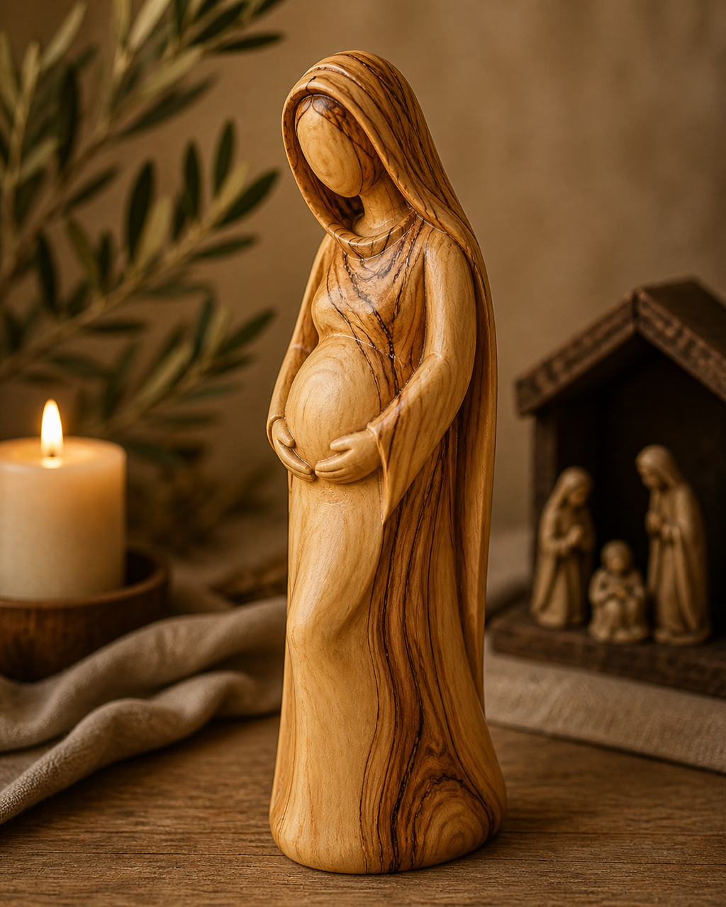 Hand-Carved Olive Wood Pregnant Virgin Mary (Madonna of Expectation)
