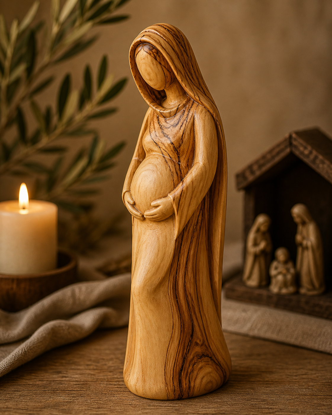 Hand-Carved Olive Wood Pregnant Virgin Mary (Madonna of Expectation)