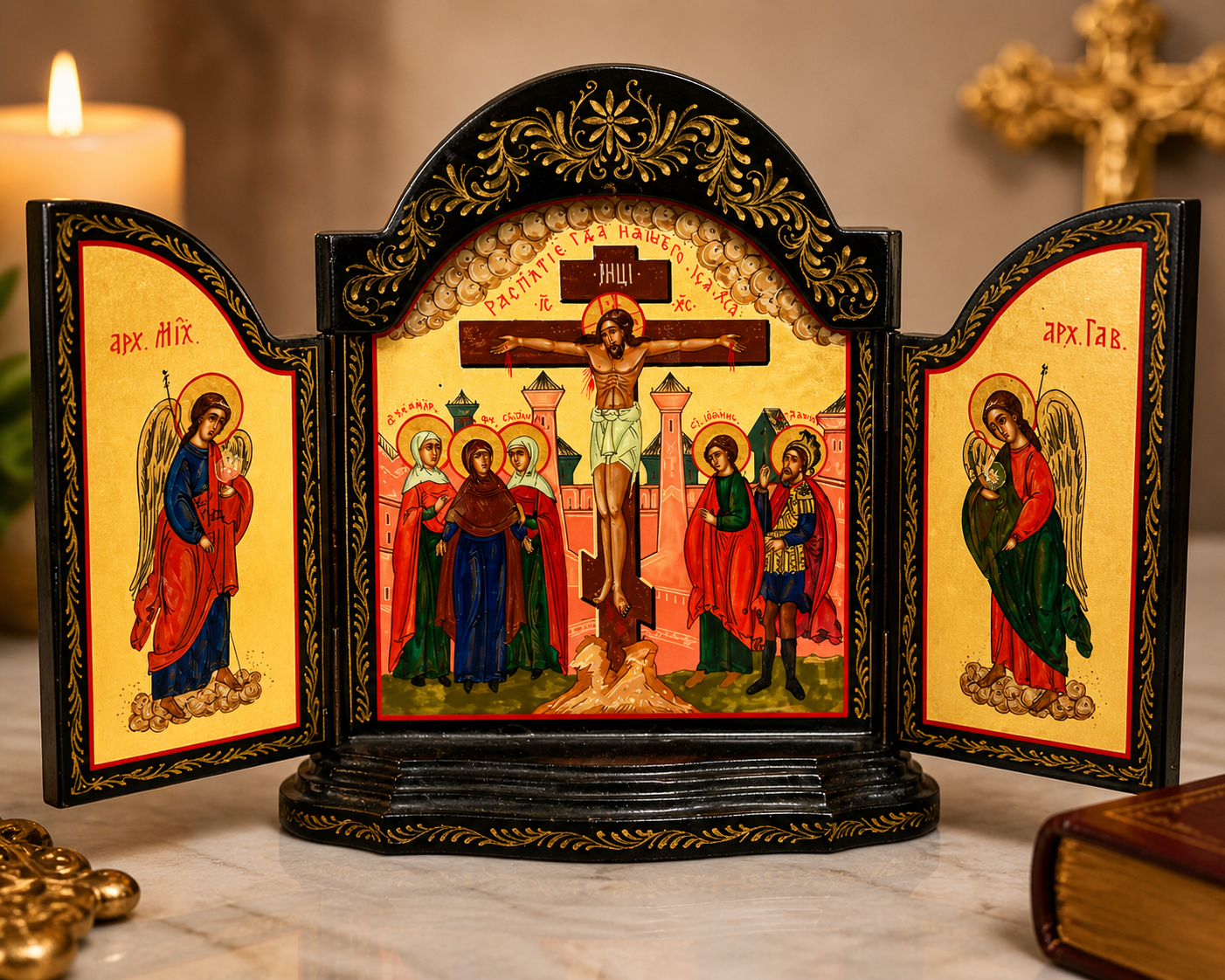 Triptych Icon – The Crucifixion with Archangels
