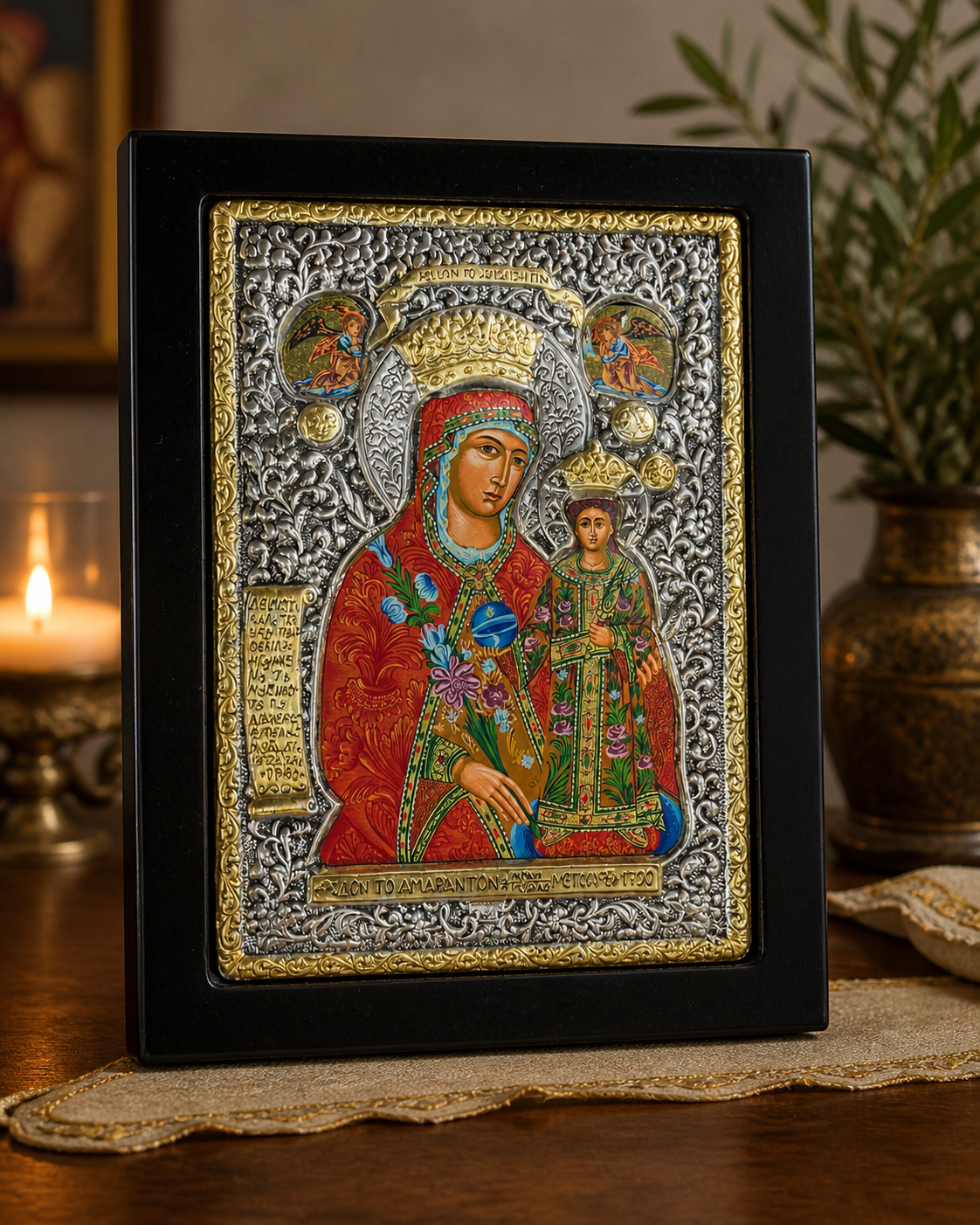 Madonna and Child Silver-Plated Icon – “Axion Estin” Style