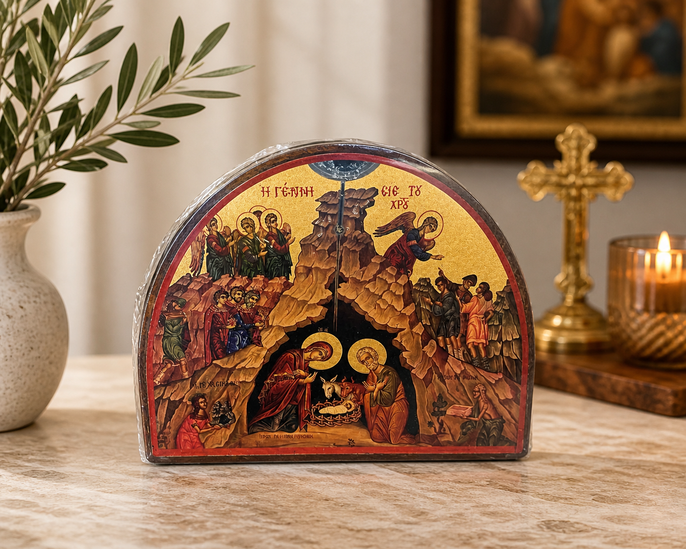 Nativity of Christ Icon – Arched Gold Background (Orthodox Style)