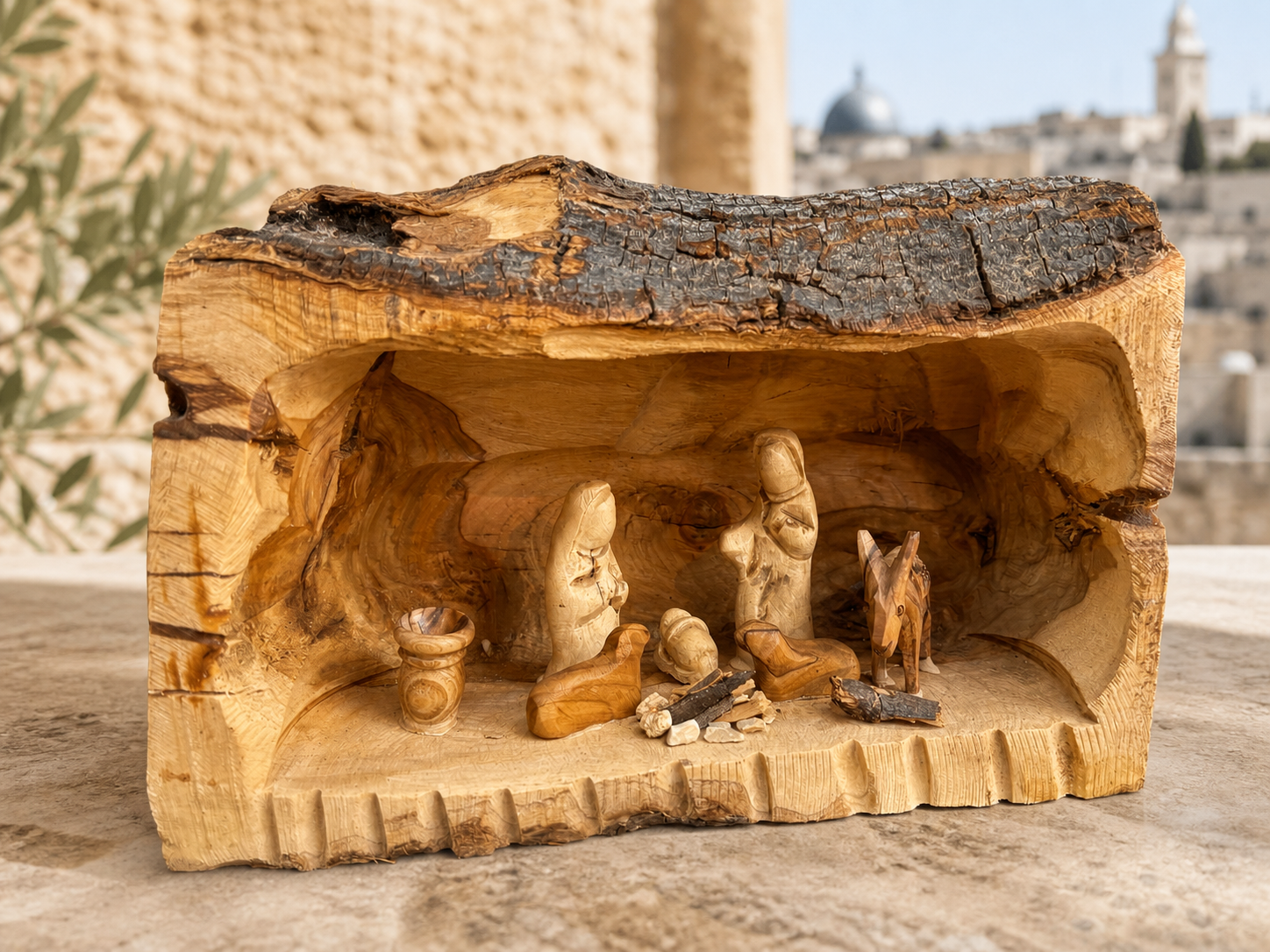 Hand-Carved Olive Wood Nativity Cave
