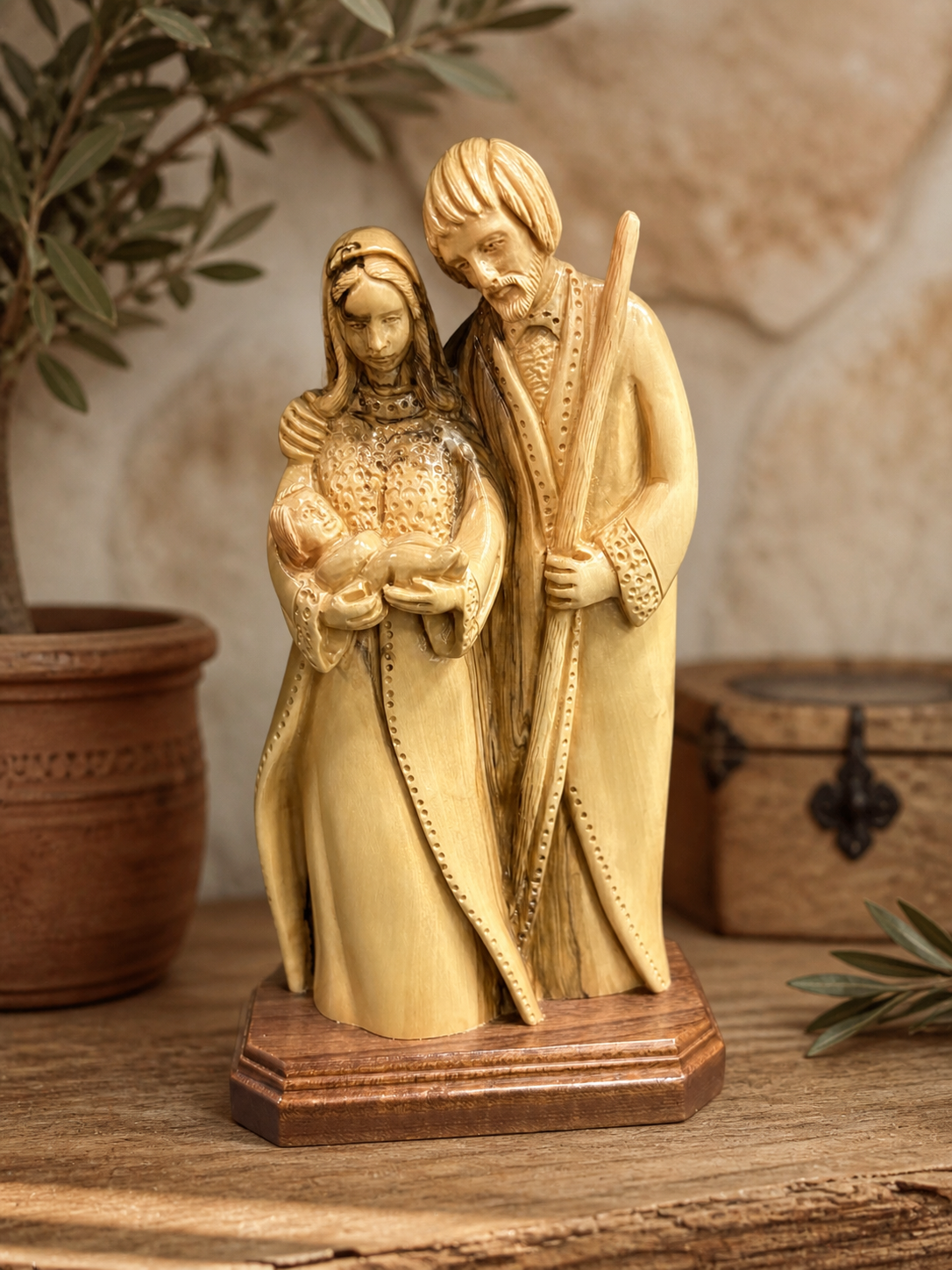 Olive Wood Holy Family with Infant Jesus