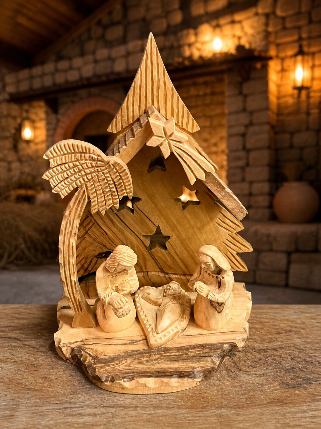 Olive Wood Nativity Scene with Star Shelter