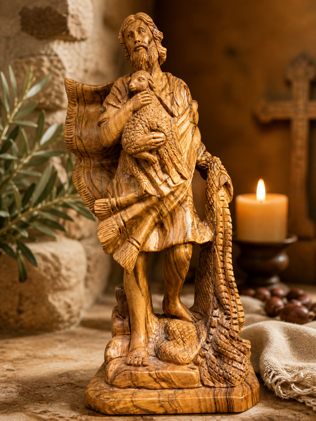 Olive Wood Statue of St. John the Baptist with the Lamb