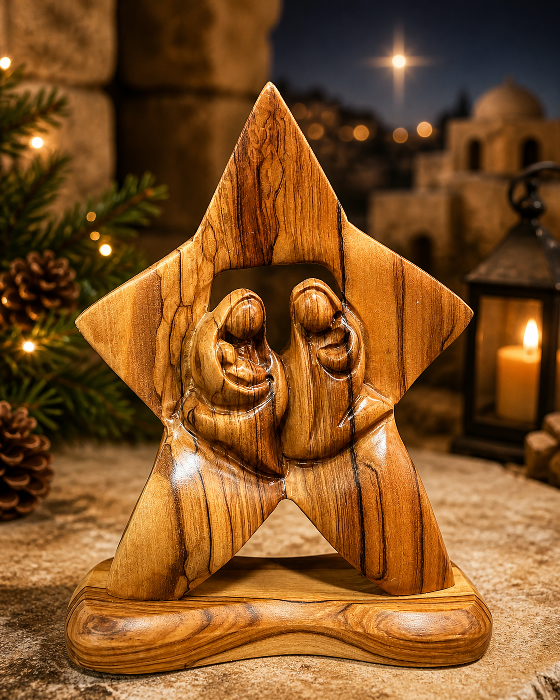 Olive Wood Nativity Star Sculpture – Holy Family