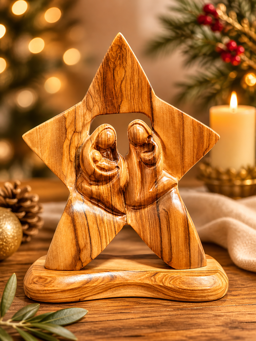 Olive Wood Nativity Star Sculpture – Holy Family