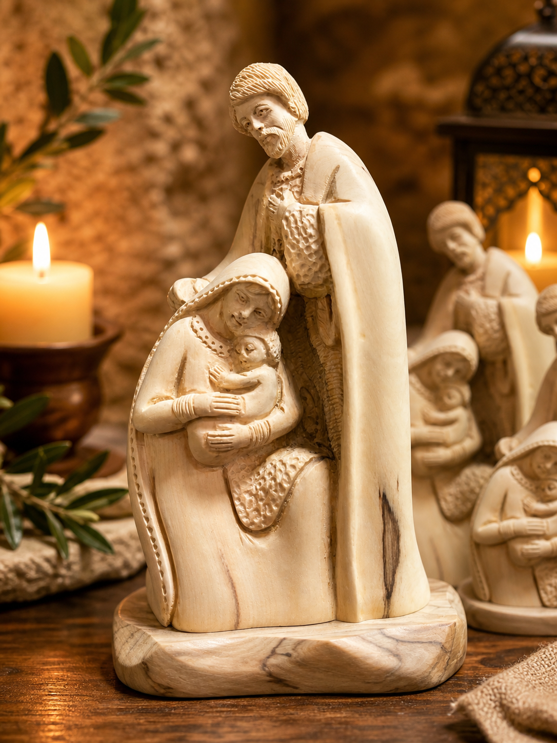 Olive Wood Holy Family Sculpture – Nativity Embrace