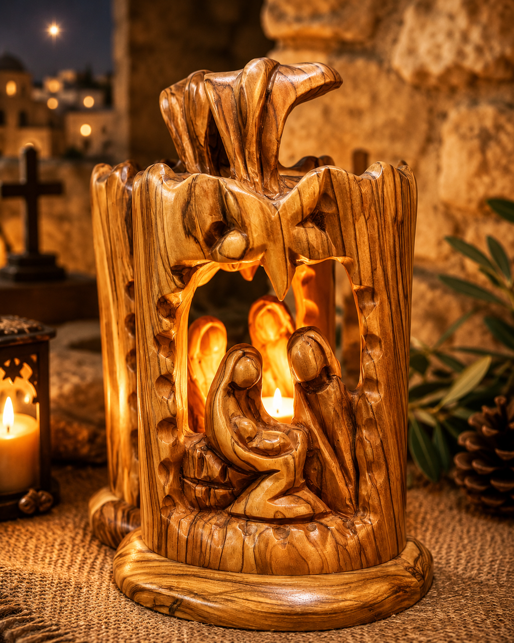 Olive Wood Nativity Lantern Sculpture – Holy Family Under the Star