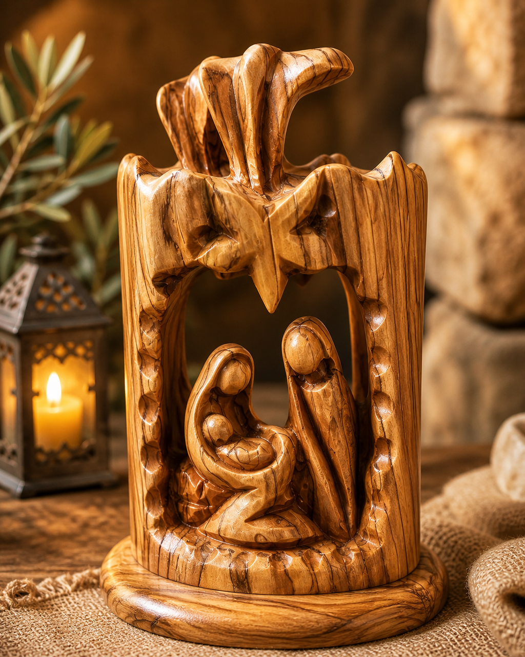 Olive Wood Nativity Lantern Sculpture – Holy Family Under the Star