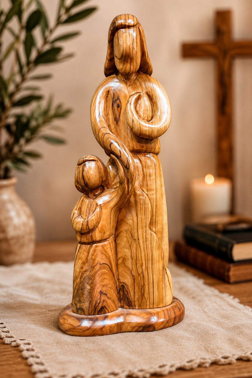 Olive Wood Child Jesus and His Mother Sculpture