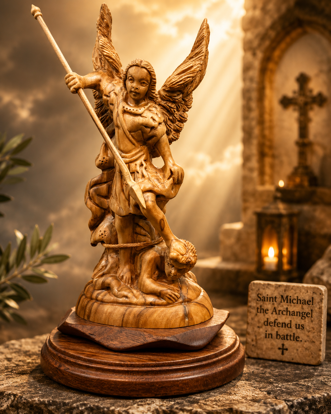Saint Michael the Archangel Olive Wood Statue