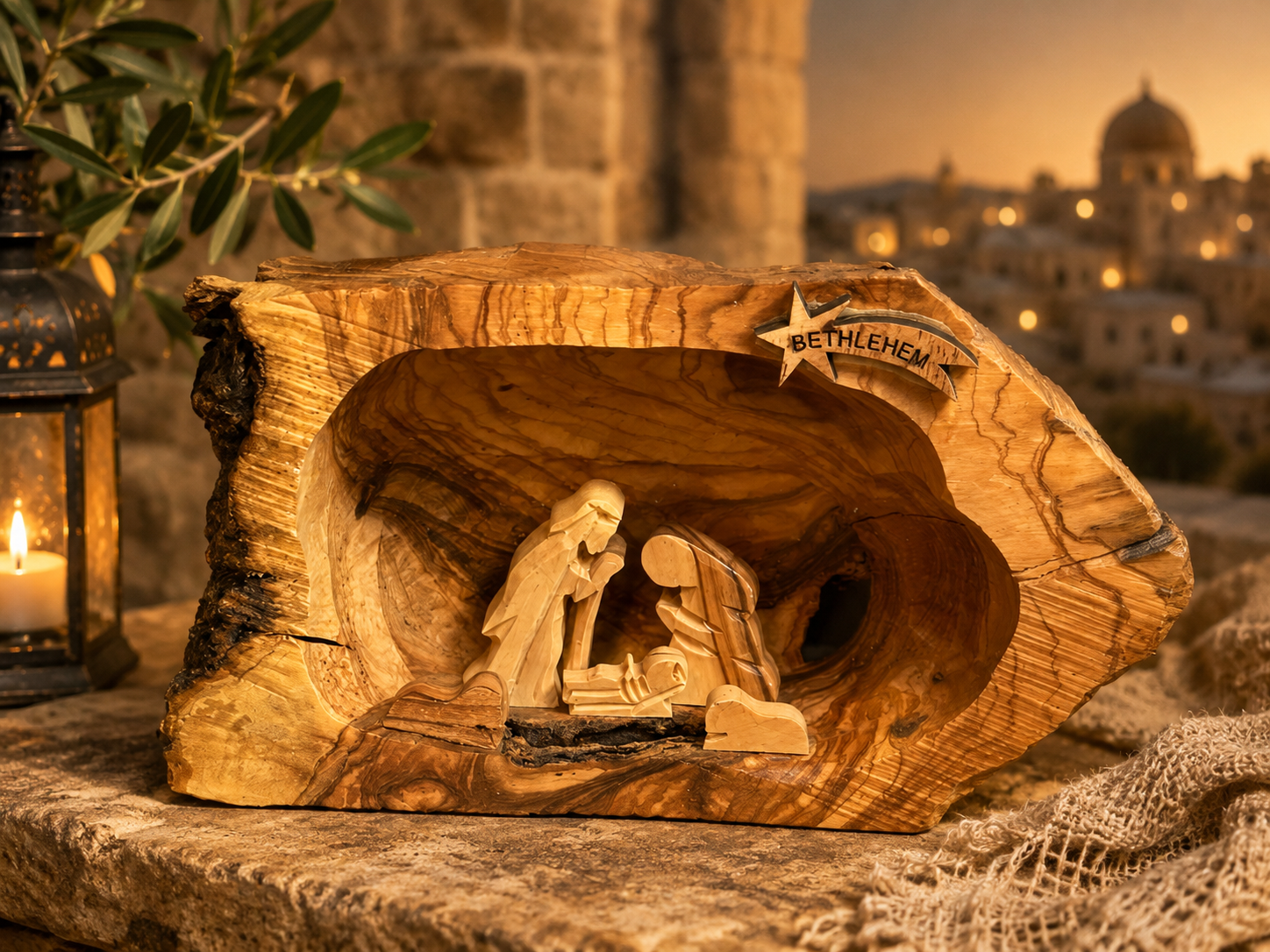 Olive Wood Nativity Cave Sculpture