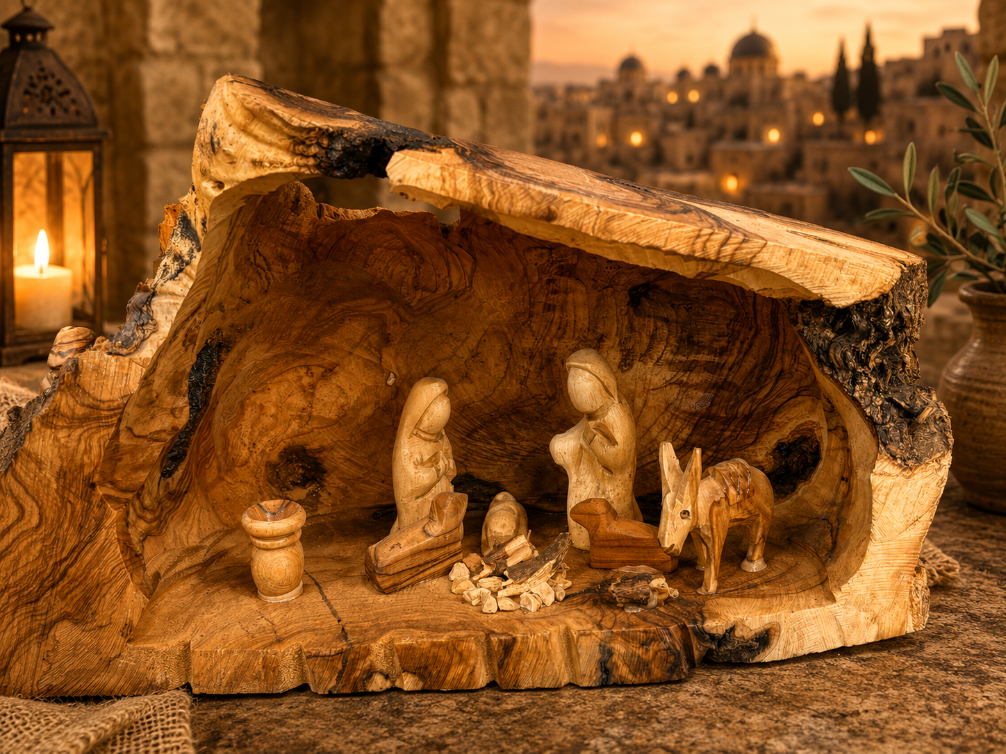 Rustic Olive Wood Nativity Cave Set
